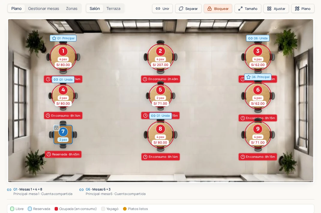 Plano realista de mesas y cuentas compartidas