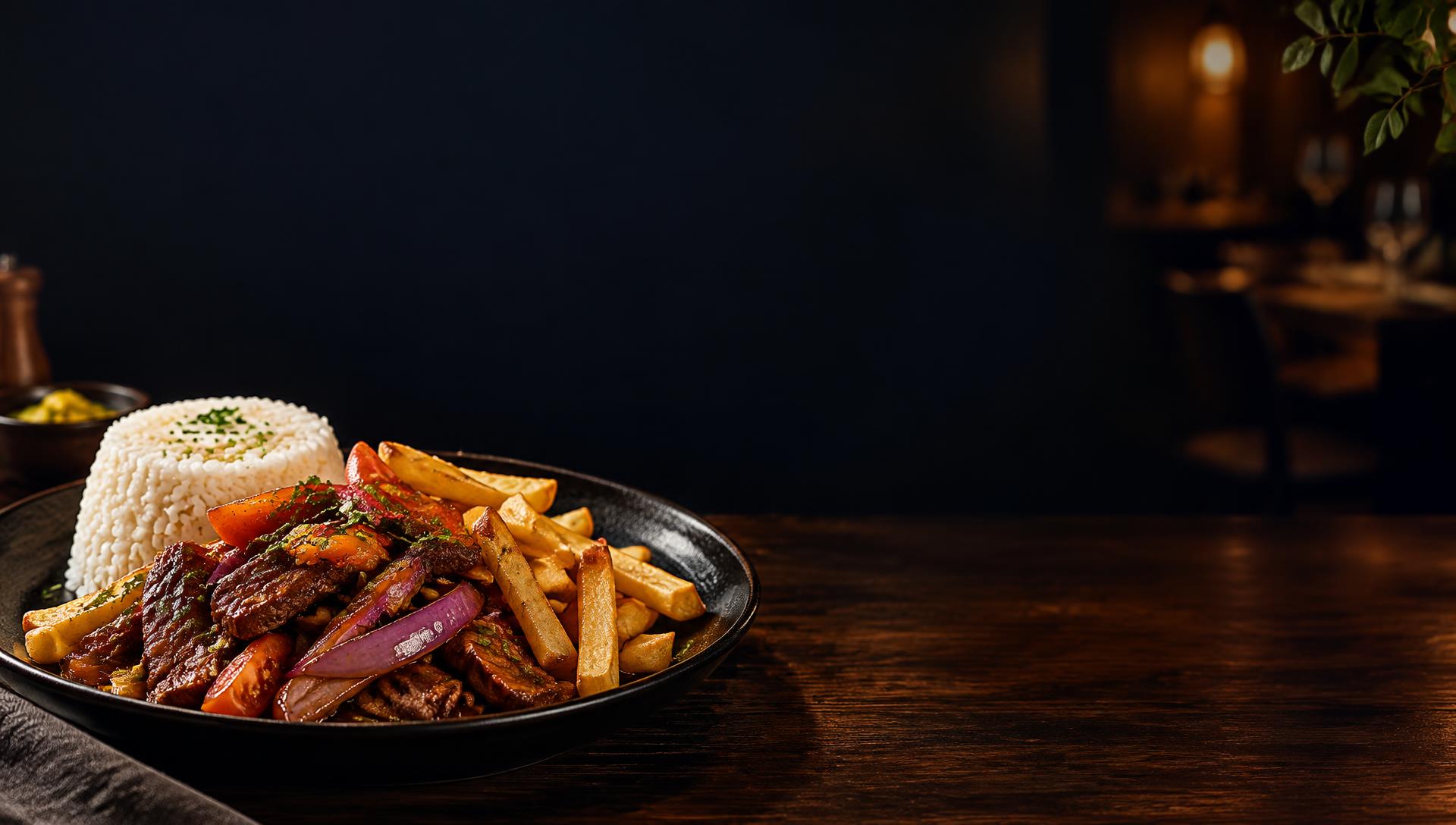 Lomo saltado peruano en un restaurante
